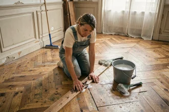 Femme constatant les dégâts causés par un nettoyage inadapté sur un parquet ancien en chêne