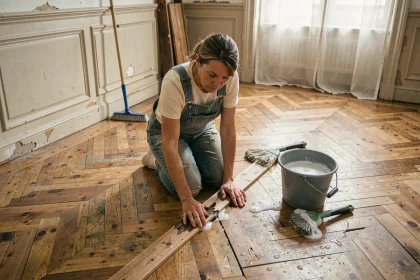 Femme constatant les dégâts causés par un nettoyage inadapté sur un parquet ancien en chêne