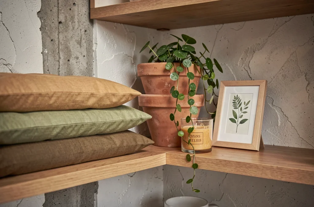 Étagère décorée de manière durable avec des coussins en coton bio, des pots en terre cuite et des plantes vertes dans un appartement moderne