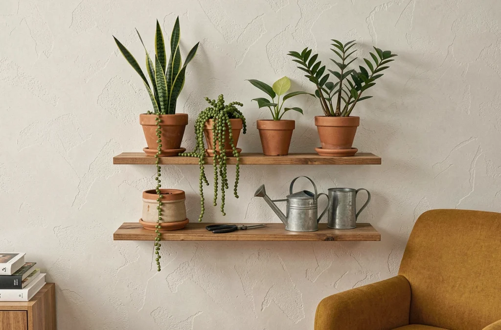 Étagère en bois avec une collection de plantes vertes d'intérieur variées dans des pots en céramique et en terre cuite, dans un coin lecture cosy