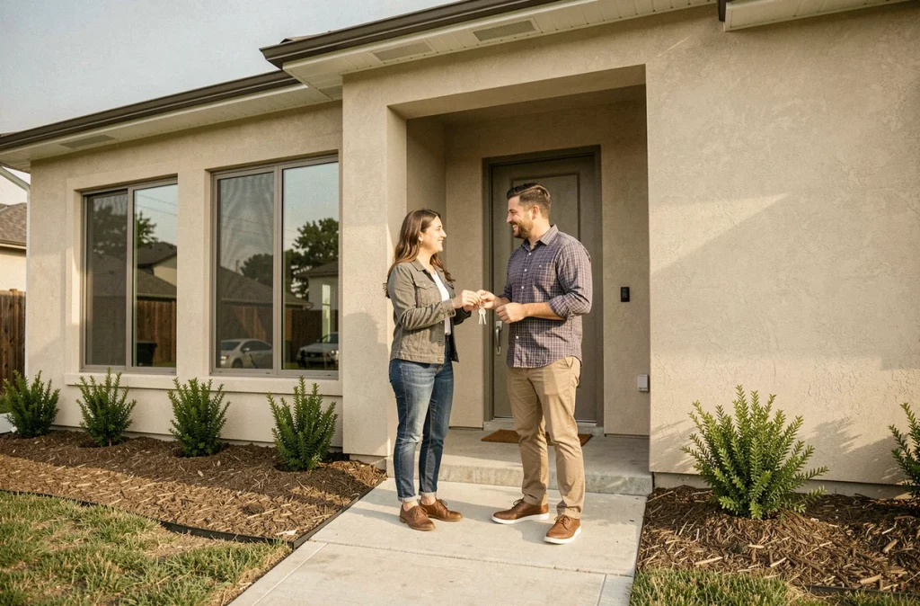 Jeune couple propriétaire devant leur maison neuve livrée par un constructeur en 2026