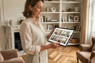 Femme utilisant une application de décoration intérieure sur tablette dans un salon parisien élégant avec parquet en chevrons et cheminée en marbre