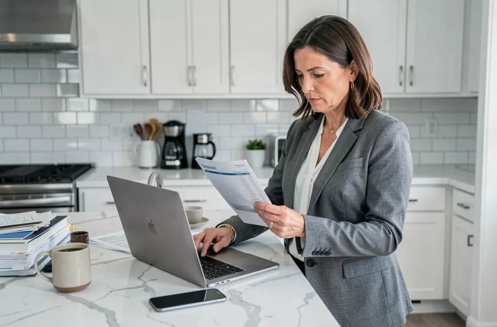 Femme en blazer gris consultant un devis de travaux sur ordinateur portable avec une checklist imprimée dans une cuisine moderne
