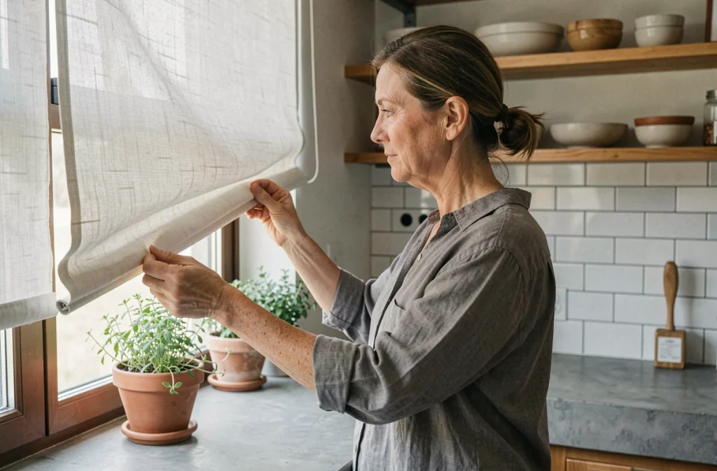 Femme ajustant un store translucide dans une cuisine moderne pour optimiser la lumière naturelle