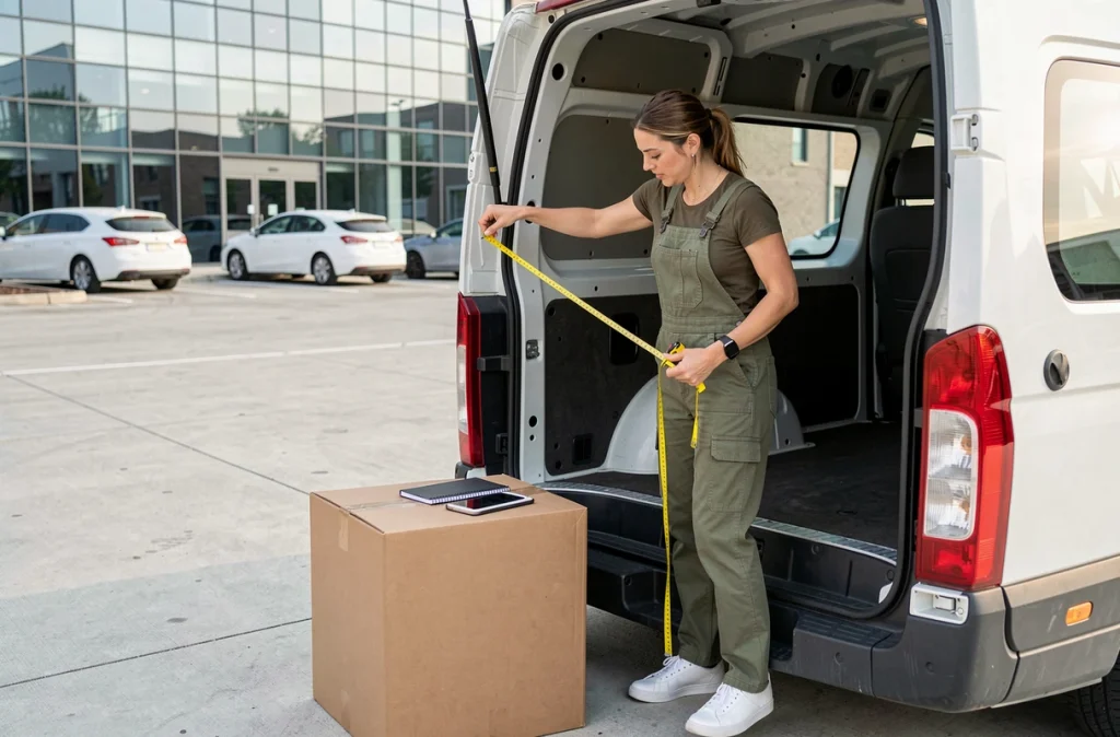 Femme mesurant l'espace intérieur d'un utilitaire de location avec un mètre ruban lors d'un déménagement