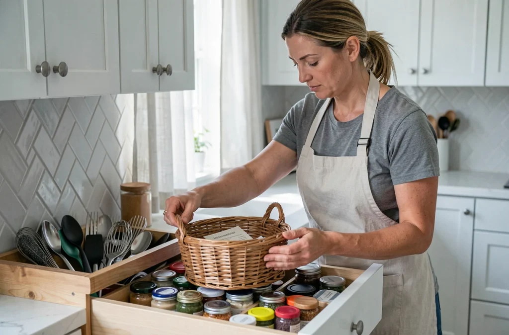 Femme organisant un tiroir de cuisine avec des paniers en osier et des bocaux d'épices étiquetés dans un intérieur scandinave