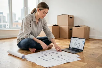 Femme consultant des plans d'appartement pour organiser son espace et maîtriser son budget de décoration intérieure