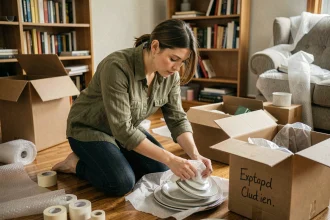 Femme emballant de la vaisselle dans du papier bulle lors de la préparation de cartons de déménagement dans un appartement