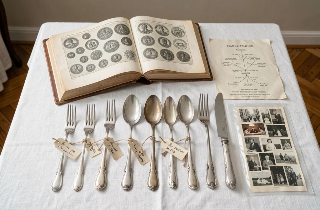 Disposition à plat de couverts en argent anciens avec poinçons identifiés, étiquettes manuscrites et documents familiaux pour transmission mémorielle