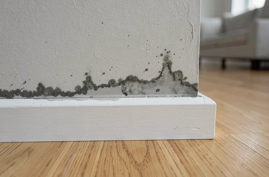 Gros plan sur des traces d'humidité et moisissures au bas d'un mur de salon