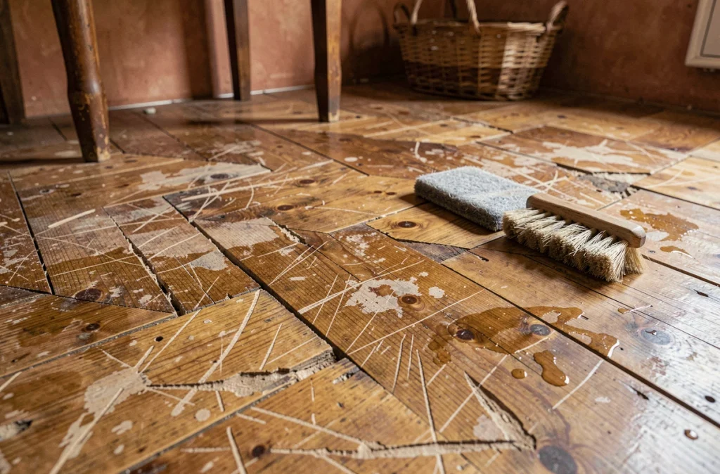 Gros plan sur un parquet ancien en pin abîmé par des outils et méthodes d'entretien inadaptés