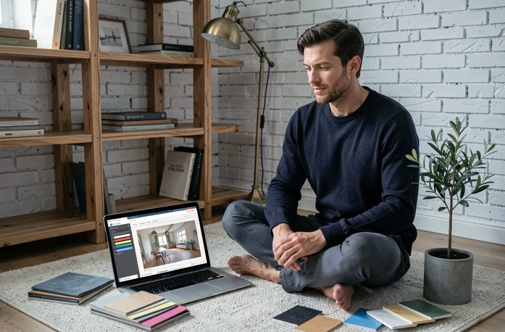 Homme consultant une application de décoration sur ordinateur portable entouré d'échantillons de tissu et de nuanciers dans un espace de travail à domicile chaleureux