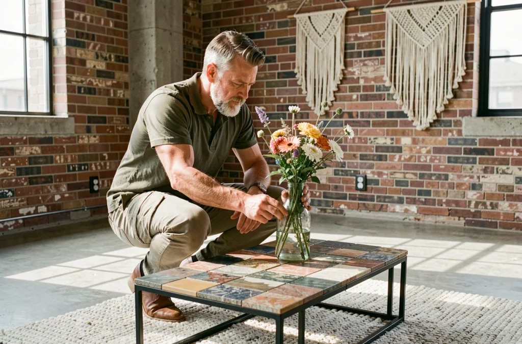 Homme installant une décoration upcyclée avec des bouteilles en verre recyclées et des fleurs sauvages dans un loft industriel éco-décoré