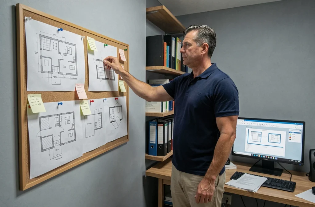 Homme organisant des plans d'appartement sur un tableau mural dans un bureau à domicile pour planifier l'aménagement et le budget