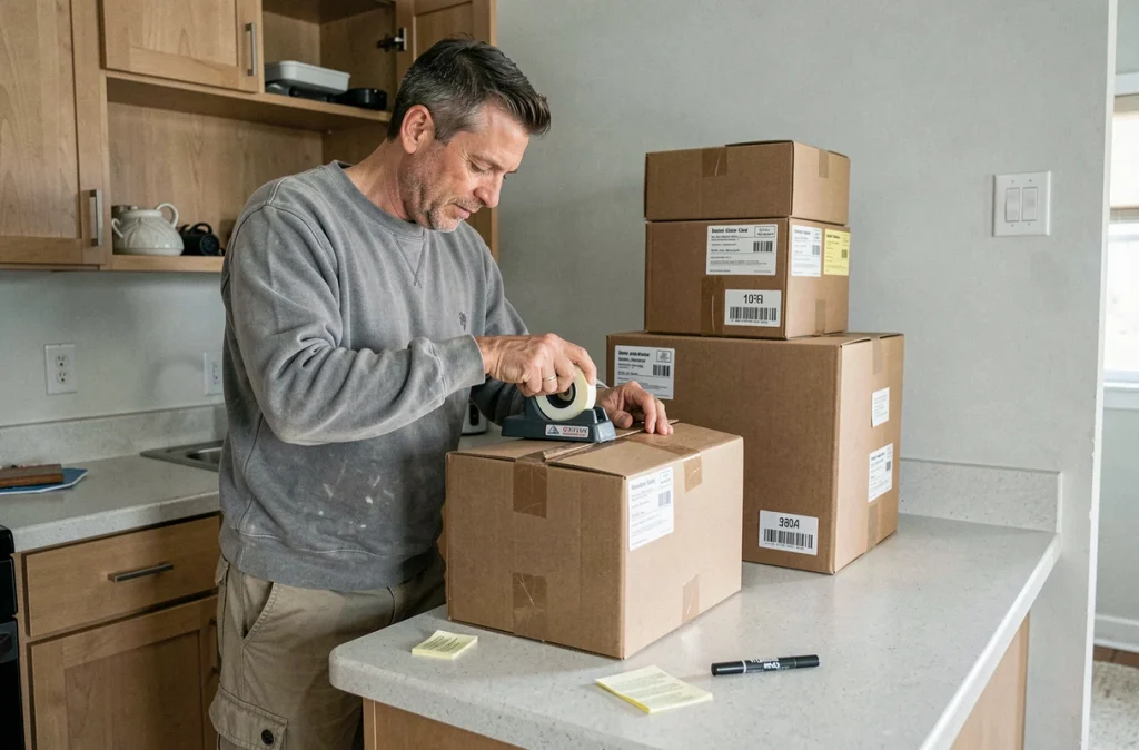 Homme scellant des cartons avec du ruban adhésif dans une cuisine vidée lors d'un déménagement organisé
