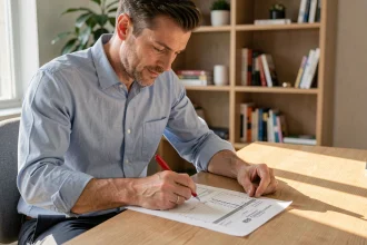 Homme en chemise bleue annotant un devis travaux imprimé avec un stylo rouge sur un bureau en bois dans un bureau à domicile moderne