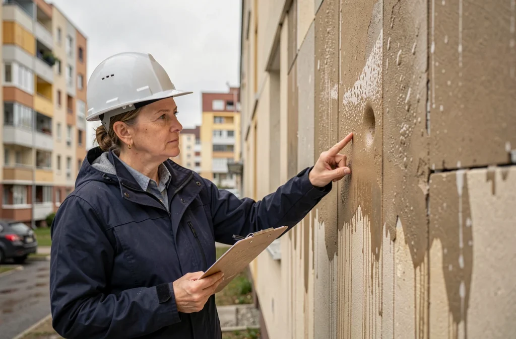 Inspectrice de bâtiment évaluant des problèmes d'humidité sur un système d'isolation extérieure avec enduit