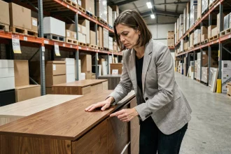 Femme inspectant un meuble en bois dans un entrepôt de déstockage à Bordeaux pour éviter les mauvaises affaires