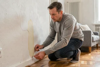 Propriétaire inspectant une trace d'humidité sur le mur du salon près du sol
