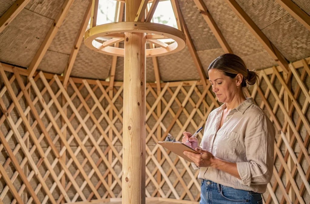 Femme inspectant l'intérieur en bois brut d'une yourte économique avec prise de notes, structure en treillis visible en arrière-plan