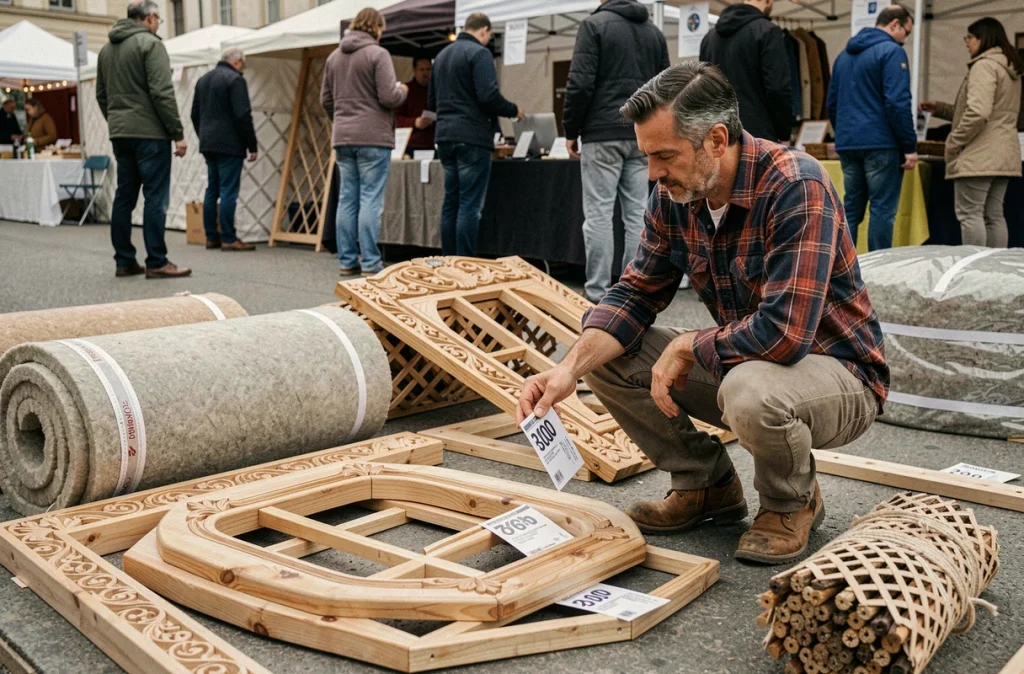 Homme comparant les pièces détachées de yourtes en kit sur un marché de l'habitat alternatif, éléments en bois et feutre exposés au sol