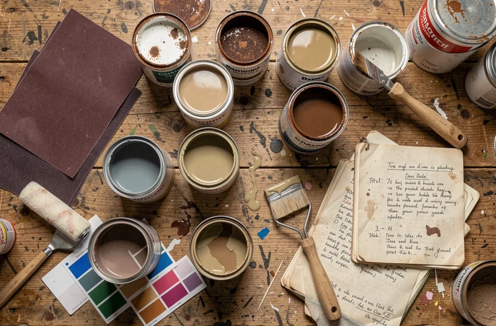 Vue de dessus de pots de peinture ouverts, papier de verre et accessoires pour repeindre des meubles