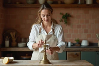 Femme nettoyant un chandelier en laiton terni avec du vinaigre blanc dans une cuisine rustique
