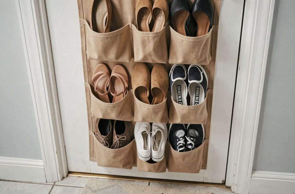 Organisateur de chaussures en toile suspendu derrière une porte d'entrée blanche pour un rangement optimisé sans encombrement