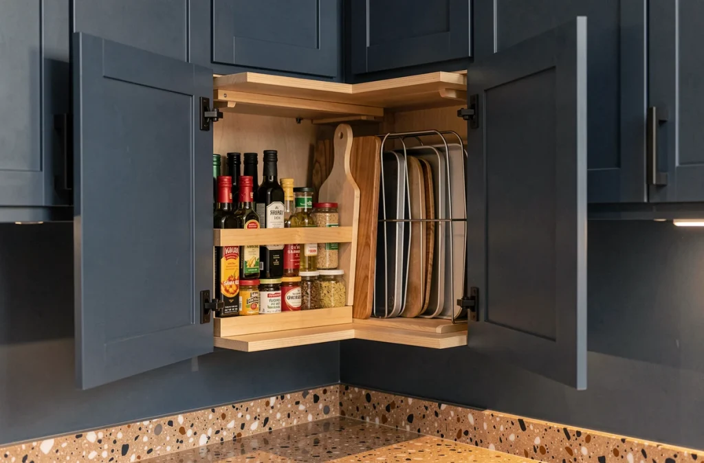 Placard d'angle de cuisine ouvert avec un plateau tournant, des bouteilles de condiments et des planches à découper rangées verticalement