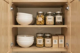 Placard de cuisine bien organisé avec bocaux en verre, bols empilés et contenants étiquetés sur des étagères en bois clair