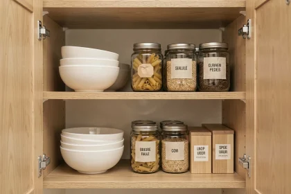 Placard de cuisine bien organisé avec bocaux en verre, bols empilés et contenants étiquetés sur des étagères en bois clair