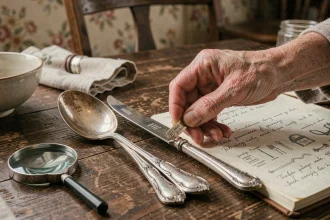Mains d'une femme âgée tenant des couverts en argent anciens avec poinçons visibles, carnet d'inventaire ouvert sur une table en chêne
