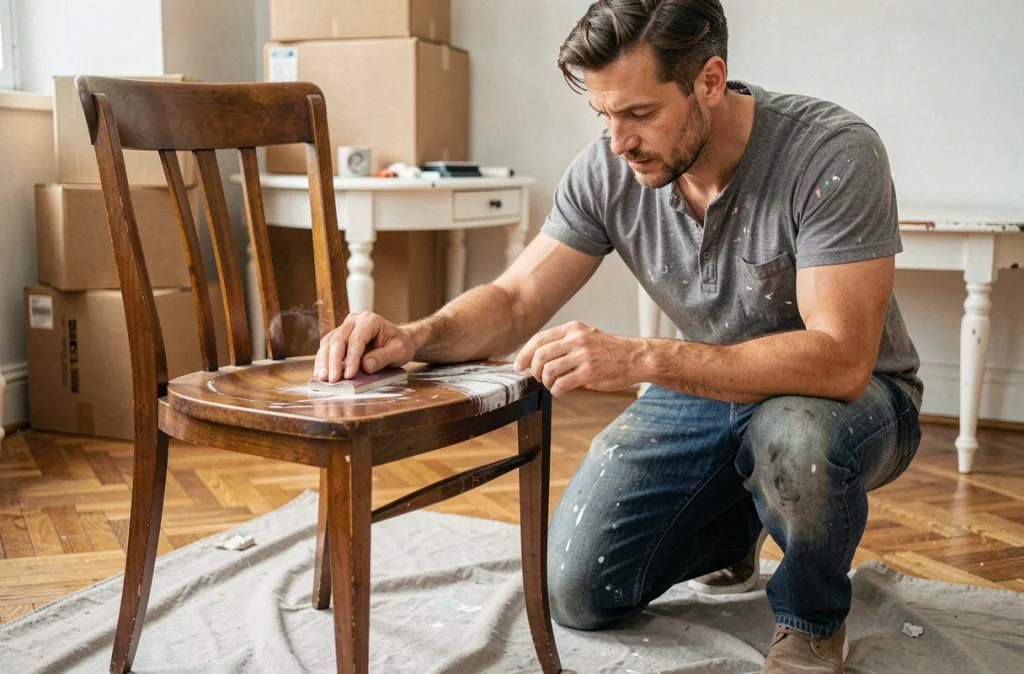 Homme ponçant une chaise en bois repeinte dans un appartement pendant un projet de rénovation de meuble
