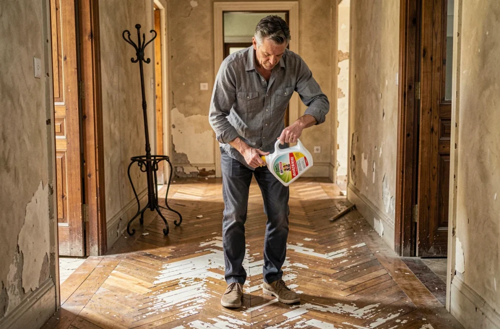 Homme découvrant les dégâts d'un produit chimique agressif utilisé sur un parquet en point de Hongrie ancien