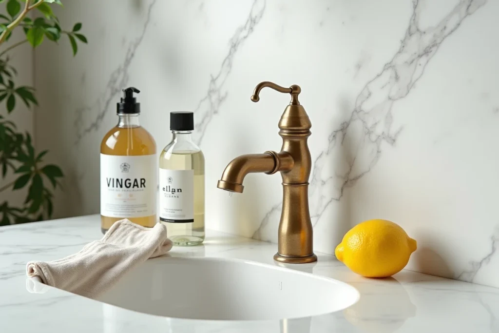 Comparaison de produits pour faire briller le laiton : vinaigre, citron et nettoyant spécial sur marbre blanc