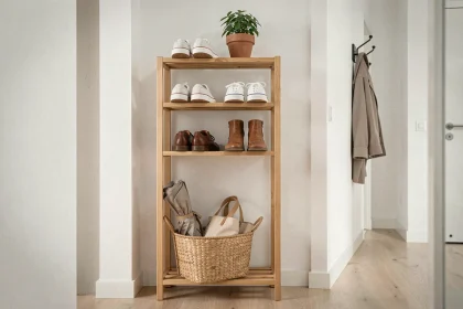Rangement chaussures minimaliste dans une entrée avec meuble à chaussures en bois et panier osier sur parquet clair