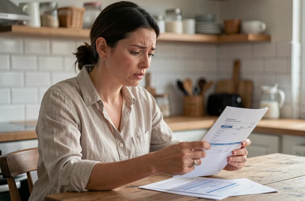 Femme consultant une facture de serrurier et un formulaire de remboursement assurance dans une cuisine parisienne