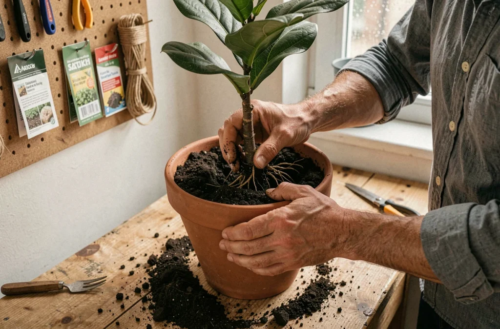 Mains d'homme en train de rempoter un ficus lyrata dans un pot en terre cuite sur un établi d'appartement urbain