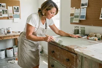 Femme appliquant de la peinture craie sur un meuble en bois dans un atelier DIY maison