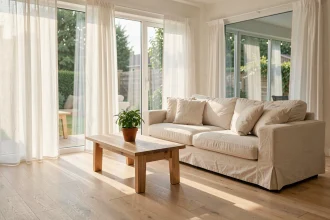 Salon lumineux avec grandes fenêtres et rideaux en lin blanc optimisant la lumière naturelle