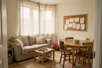 Salon et salle à manger combinés dans une maison familiale avec coins enfants organisés et rangements astucieux