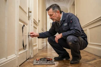 Serrurier professionnel agréé assurance intervenant sur une porte d'appartement parisien dans un couloir haussmannien