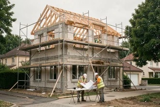 Surélévation d'une maison individuelle en cours de construction avec échafaudage et charpente bois apparente