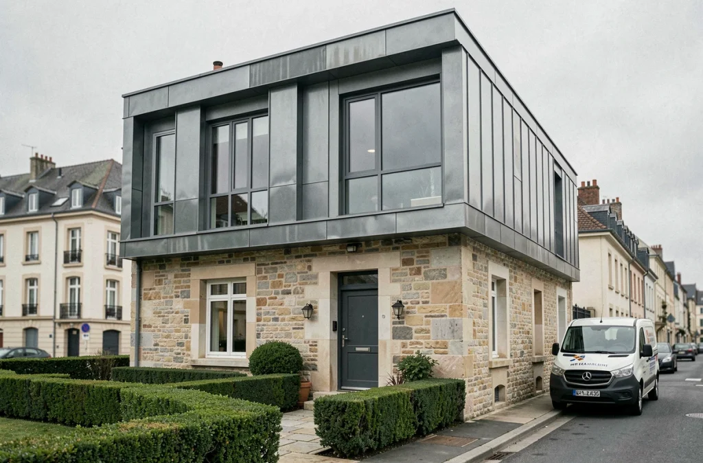 Maison avec surélévation moderne en zinc contrastant avec la façade en pierre d'origine, vue depuis la rue