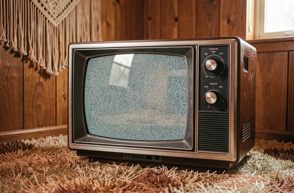 Téléviseur couleur vintage des années 70 avec boutons manuels et décoration en bois dans une salle de séjour rétro