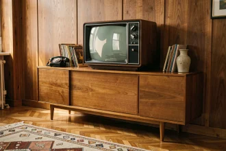 Téléviseur vintage années 60 avec meuble bas en bois mid-century et décoration rétro authentique dans un salon chaleureux