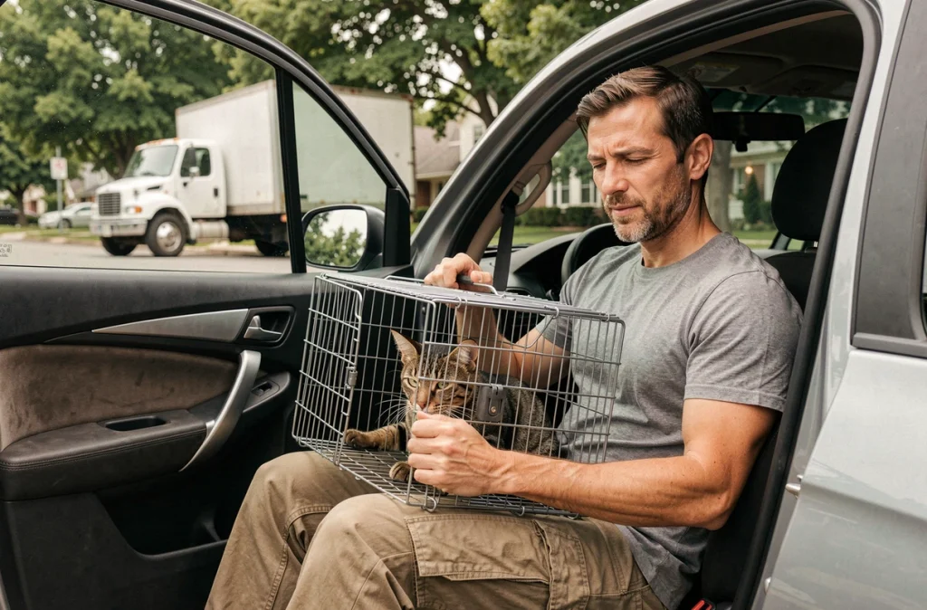 Homme transportant son chat dans une cage de transport en voiture lors d'un déménagement dans un quartier résidentiel