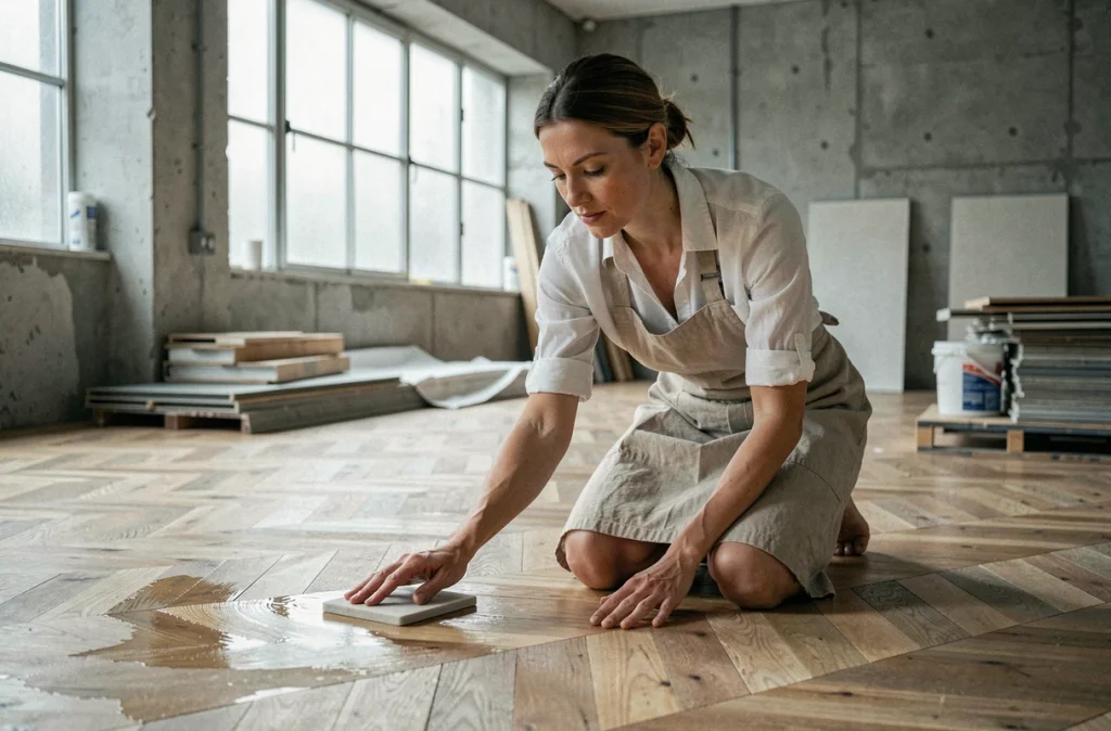 Femme appliquant une finition huile sur un parquet en chevrons dans un appartement en rénovation au style industriel contemporain