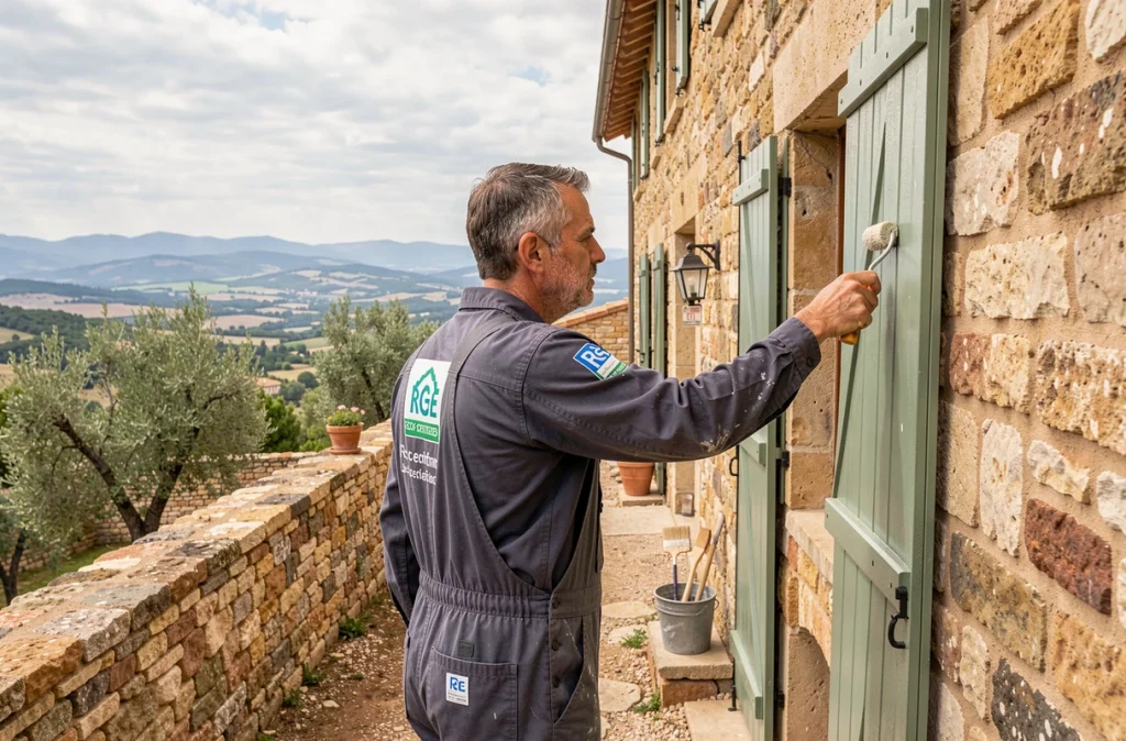 Peintre qualifié RGE d'Avenir Rénovations appliquant un enduit certifié sur une maison en pierre à Vence