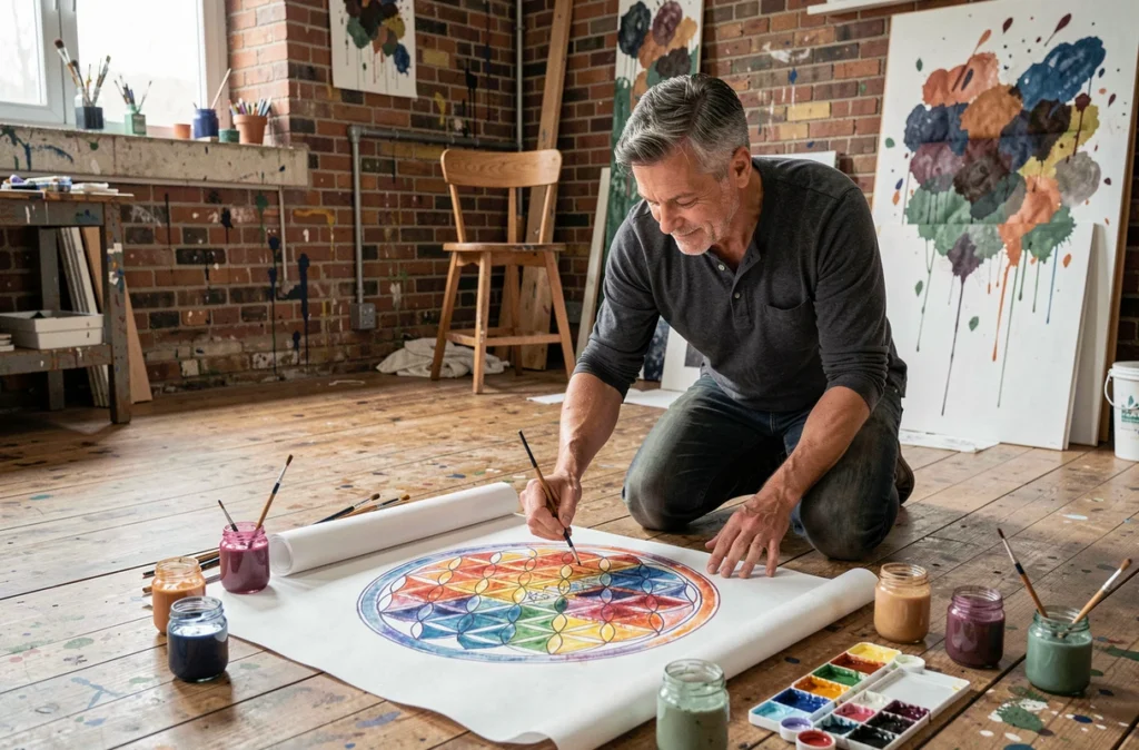 Homme coloriant un grand mandala Fleur de vie à l'aquarelle sur le sol d'un atelier artistique avec briques apparentes